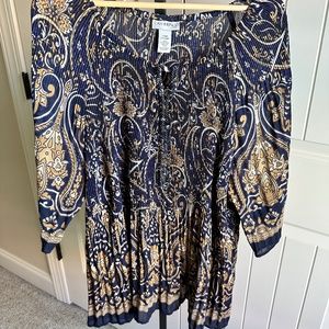 Catherines Plus Size Navy/Caramel Bejeweled Paisley Pleated Top 2X Petite